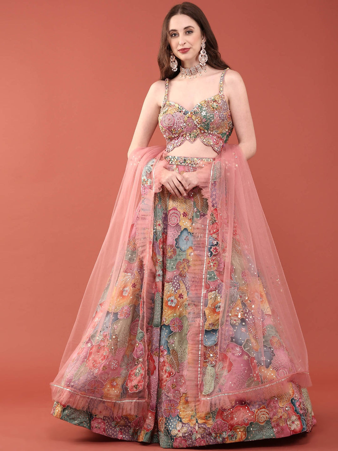 Neerus Multi chinon embroidered lehenga ghagra set - back view