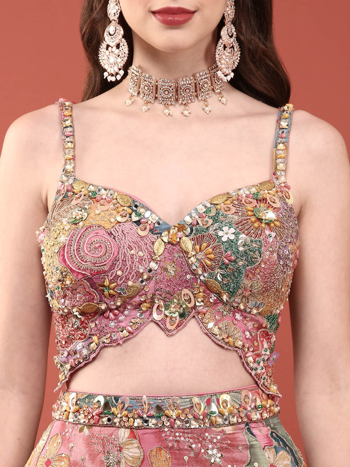 Neerus Multi chinon embroidered lehenga ghagra set - detail view 2