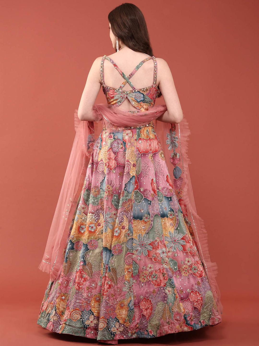 Neerus Multi chinon embroidered lehenga ghagra set - detail view 1
