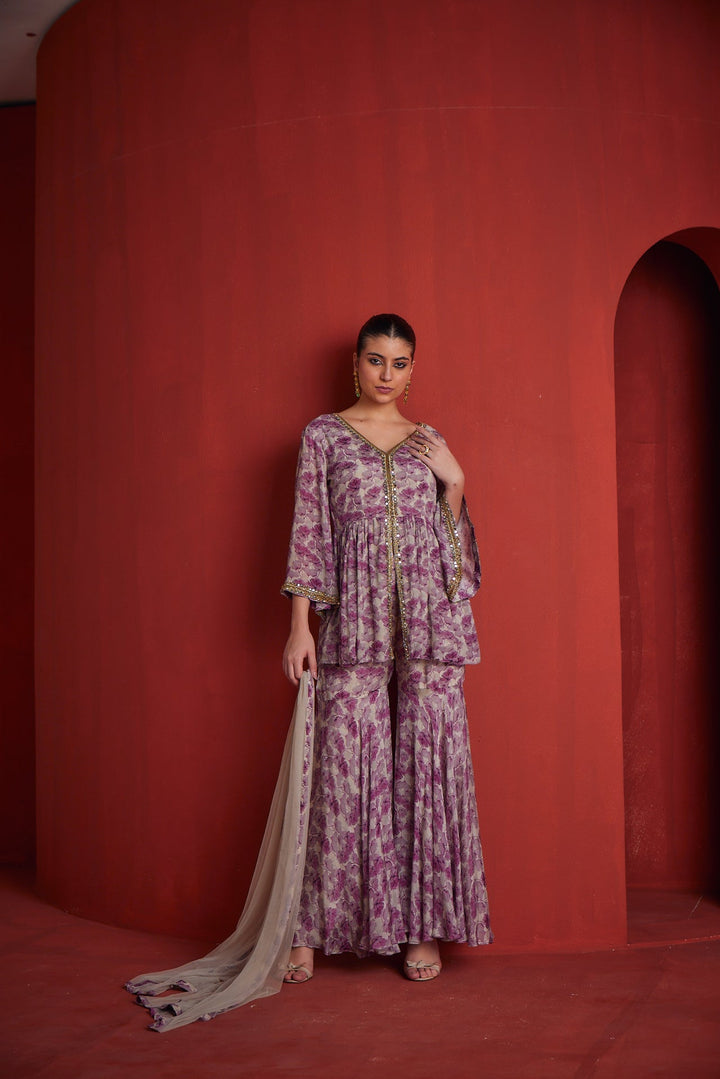 Neerus Purple crepe printed suit set - back view