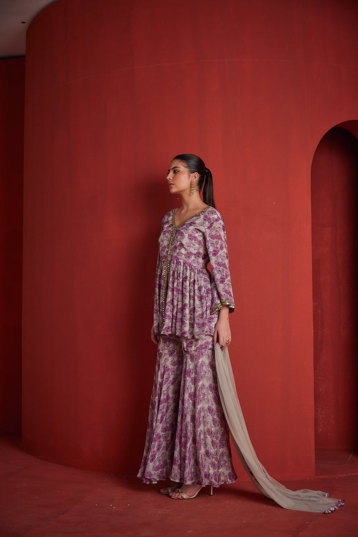 Neerus Purple crepe printed suit set - detail view 1