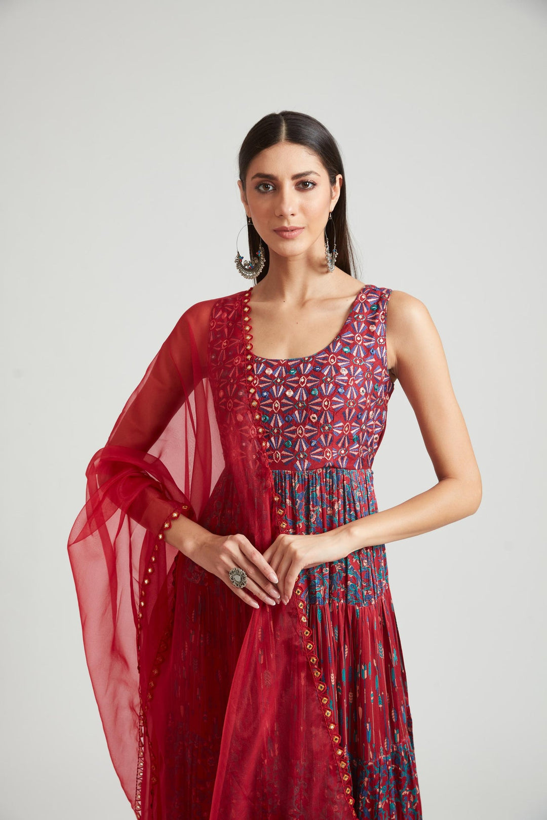 Neerus Maroon silk embroidered gown - back view