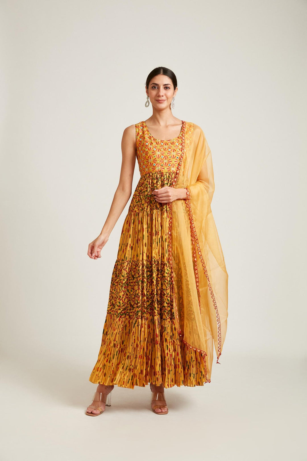 Neerus Yellow silk maxi gown - front view