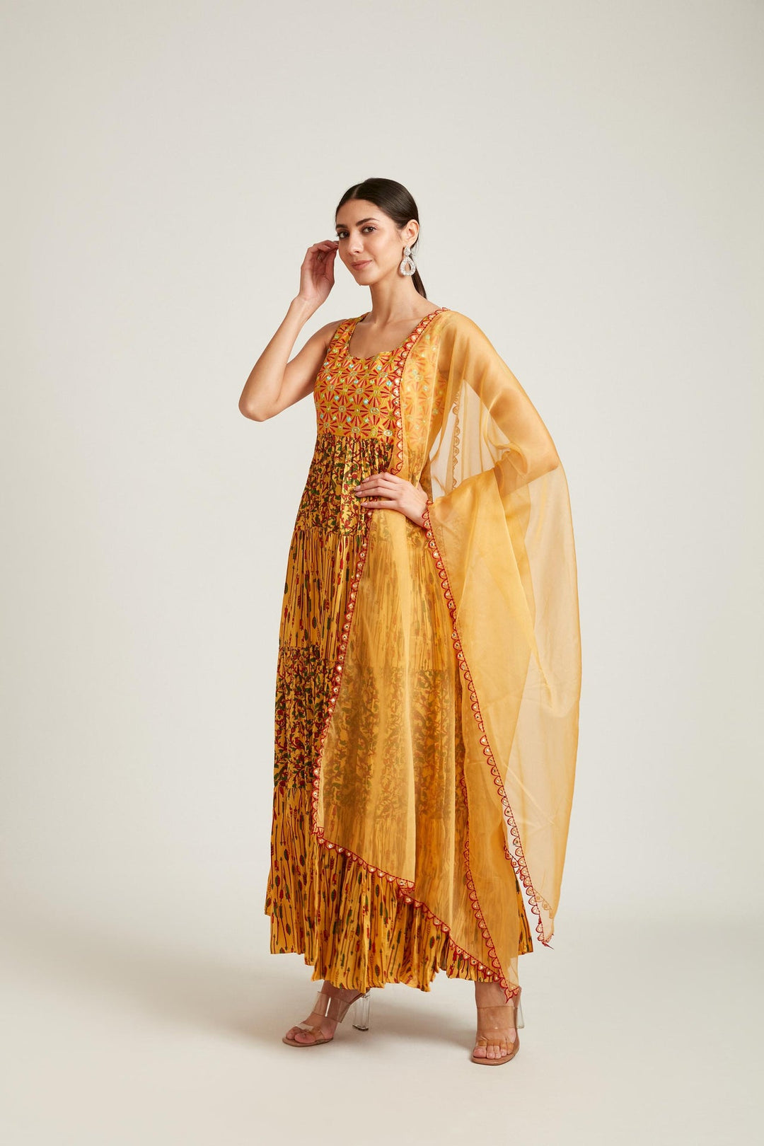 Neerus Yellow silk maxi gown - back view