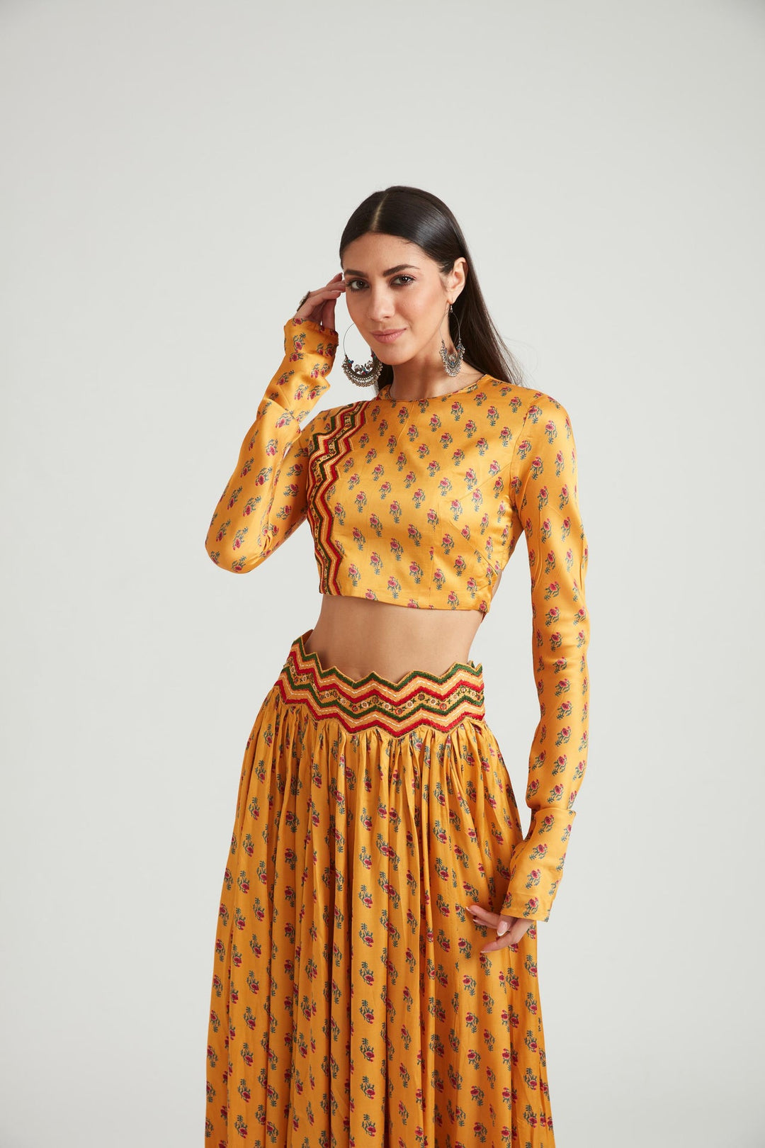 Neerus Yellow silk embellished lehenga choli set - side view