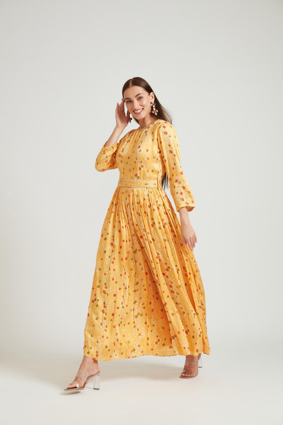 Neerus Yellow satin solid jumpsuit co-ord set - front view