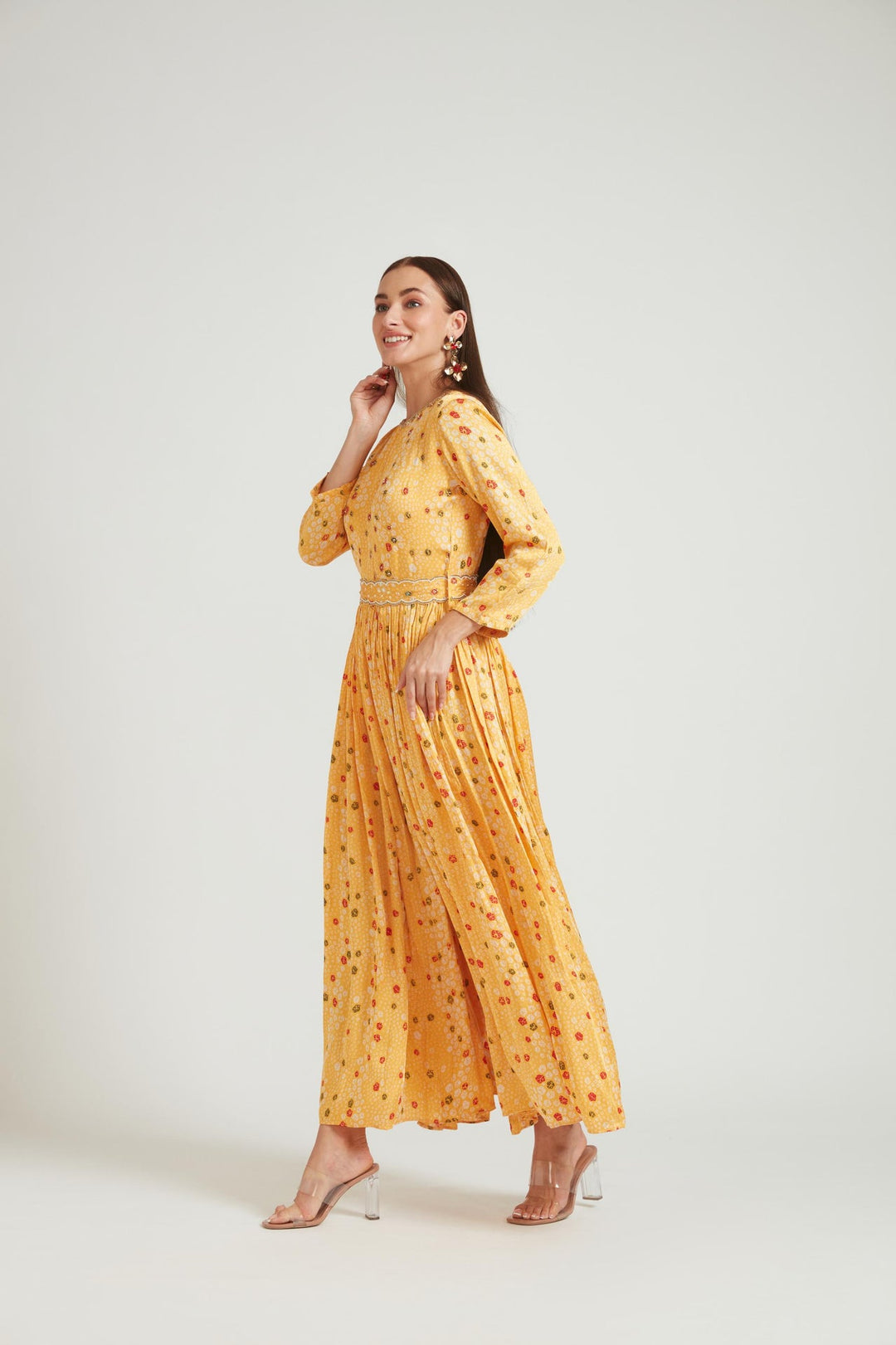 Neerus Yellow satin solid jumpsuit co-ord set - back view