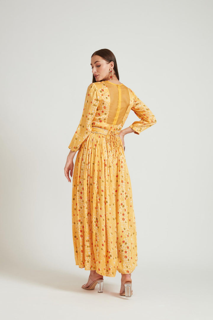 Neerus Yellow satin solid jumpsuit co-ord set - side view