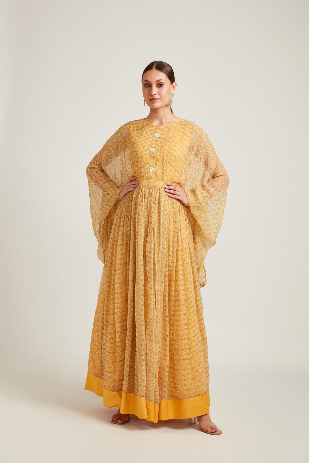 Neerus Yellow georgette maxi gown - front view