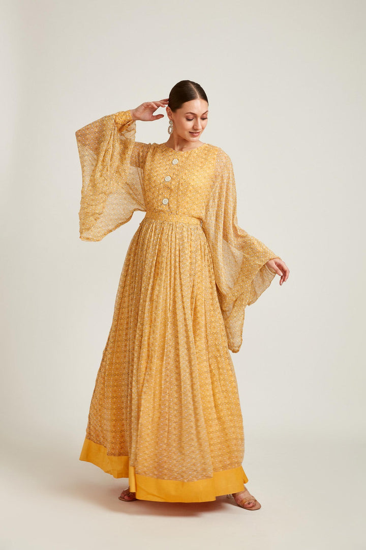 Neerus Yellow georgette maxi gown - back view