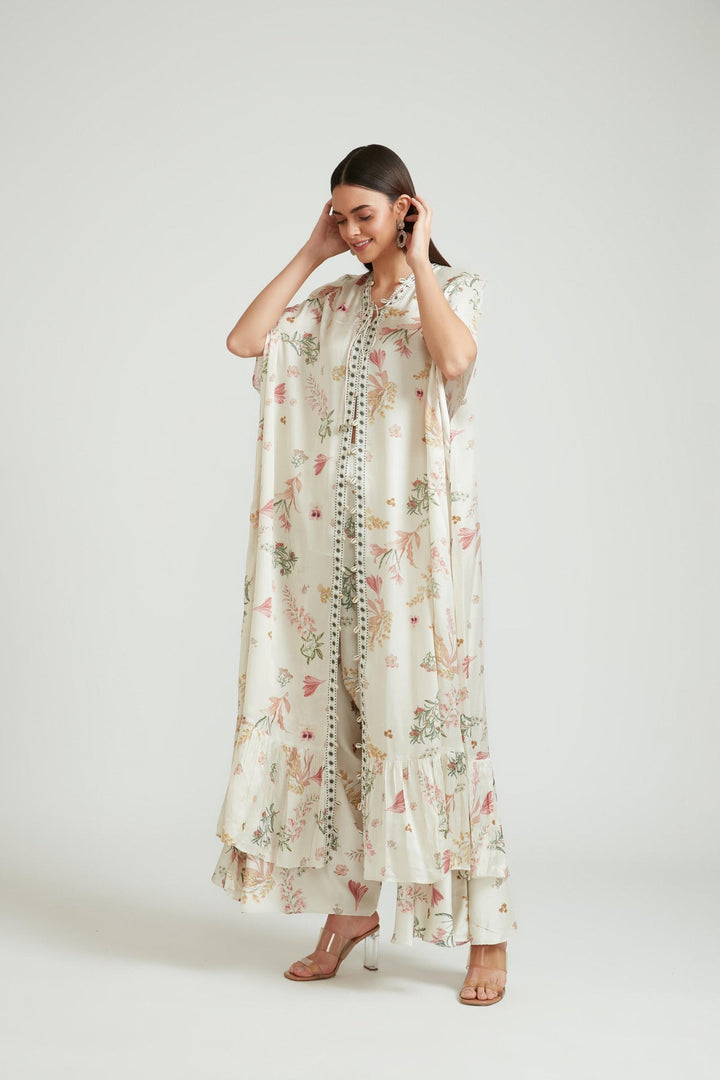 Neerus Beige silk solid kurta set - front view