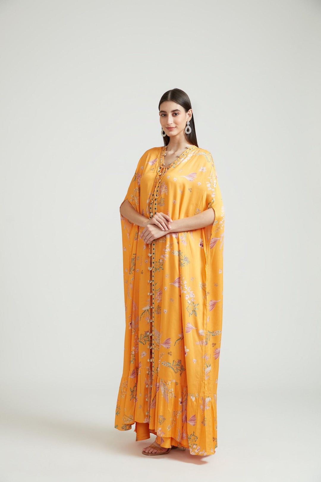 Neerus Yellow silk kurta set - front view
