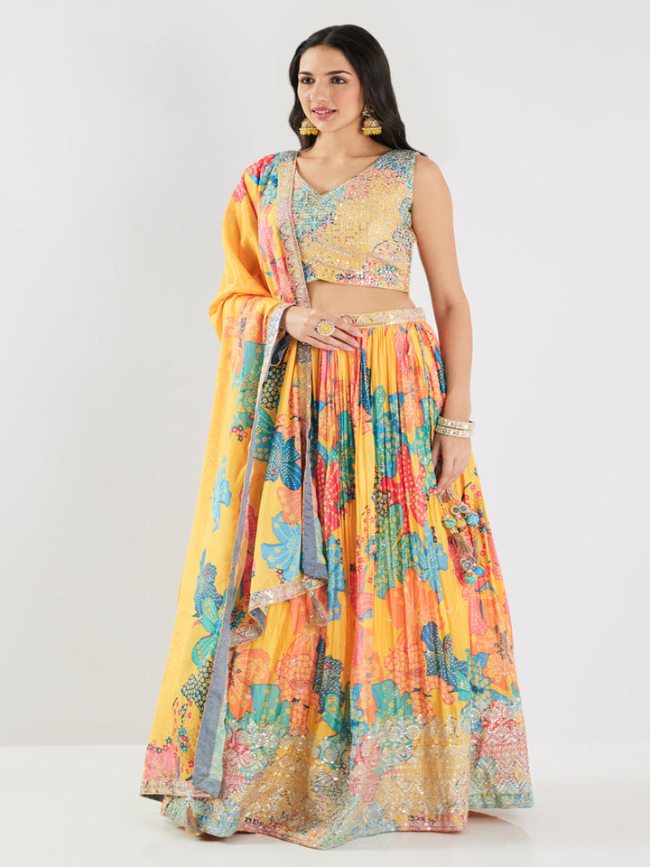 Neerus Yellow Chinon Embellished Lehenga Set - front view