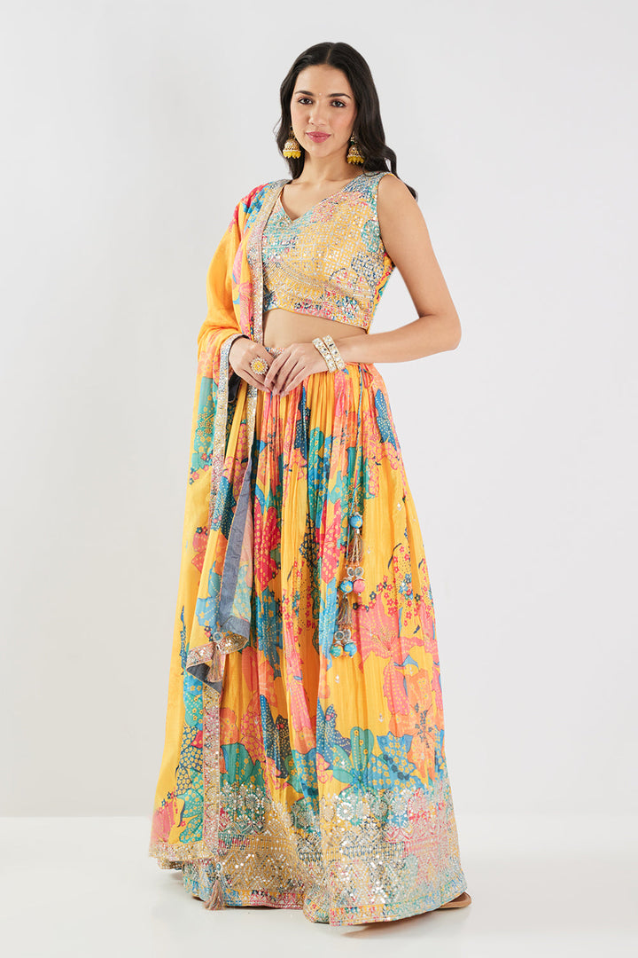 Neerus Yellow Chinon Embellished Lehenga Set - back view