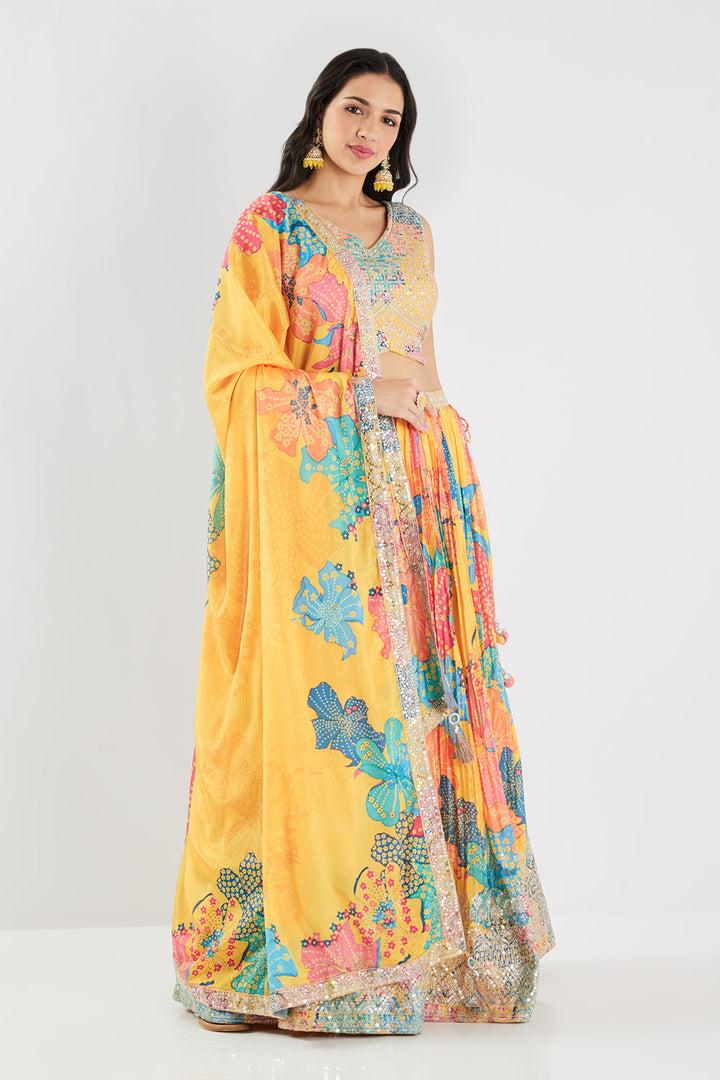 Neerus Yellow Chinon Embellished Lehenga Set - side view