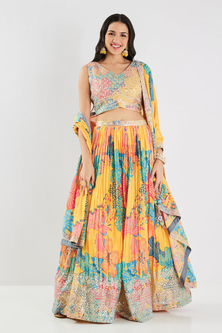 Neerus Yellow Chinon Embellished Lehenga Set - detail view 3