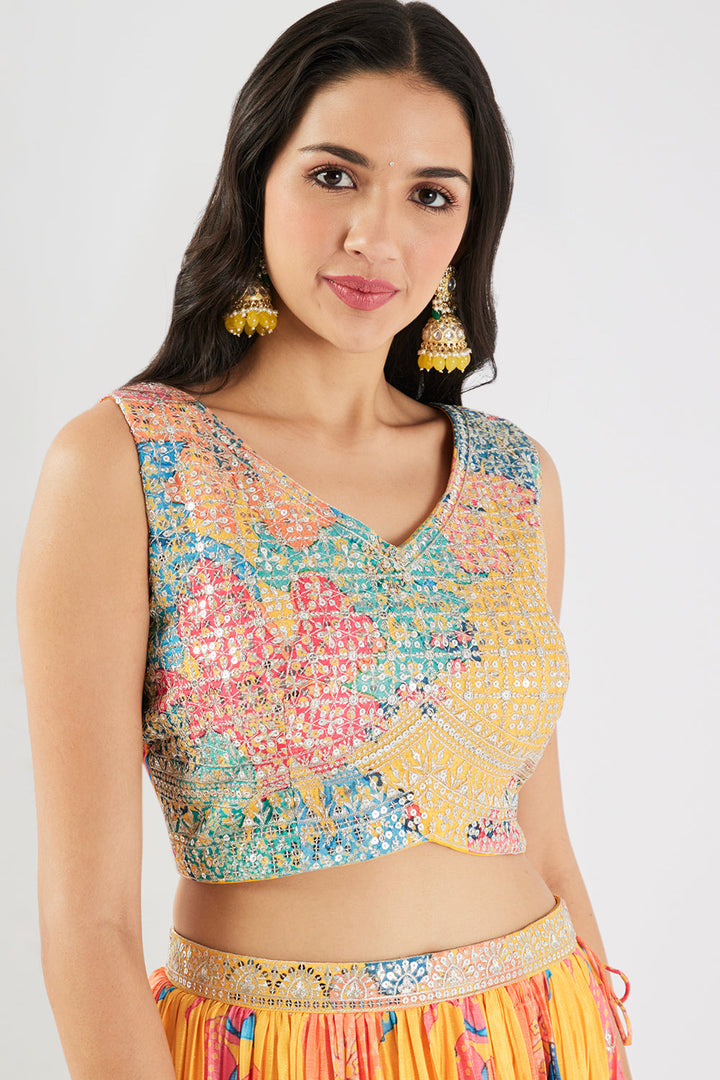 Neerus Yellow Chinon Embellished Lehenga Set - detail view 2