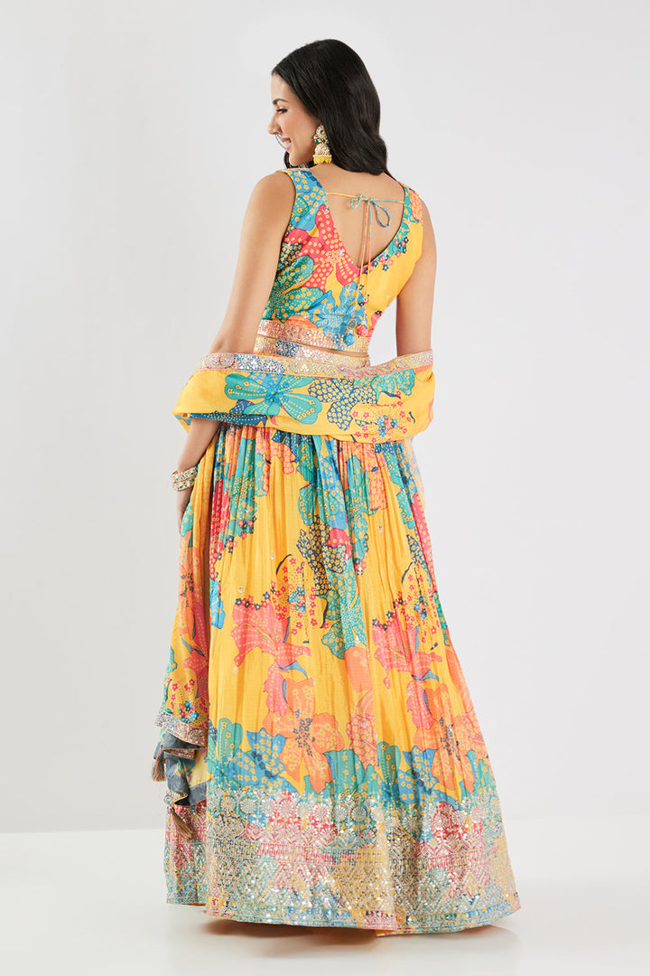 Neerus Yellow Chinon Embellished Lehenga Set - detail view 1