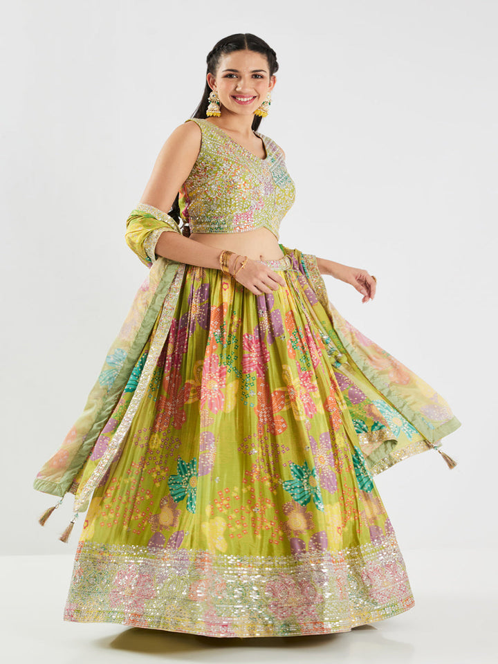Neerus Green Chinon Embellished Lehenga Ghagra Set - front view