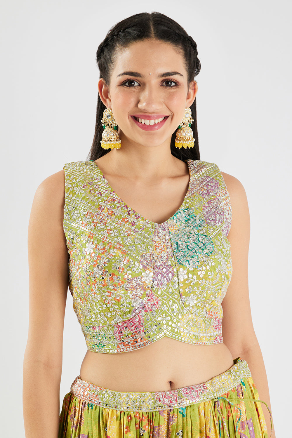 Neerus Green Chinon Embellished Lehenga Ghagra Set - detail view 4