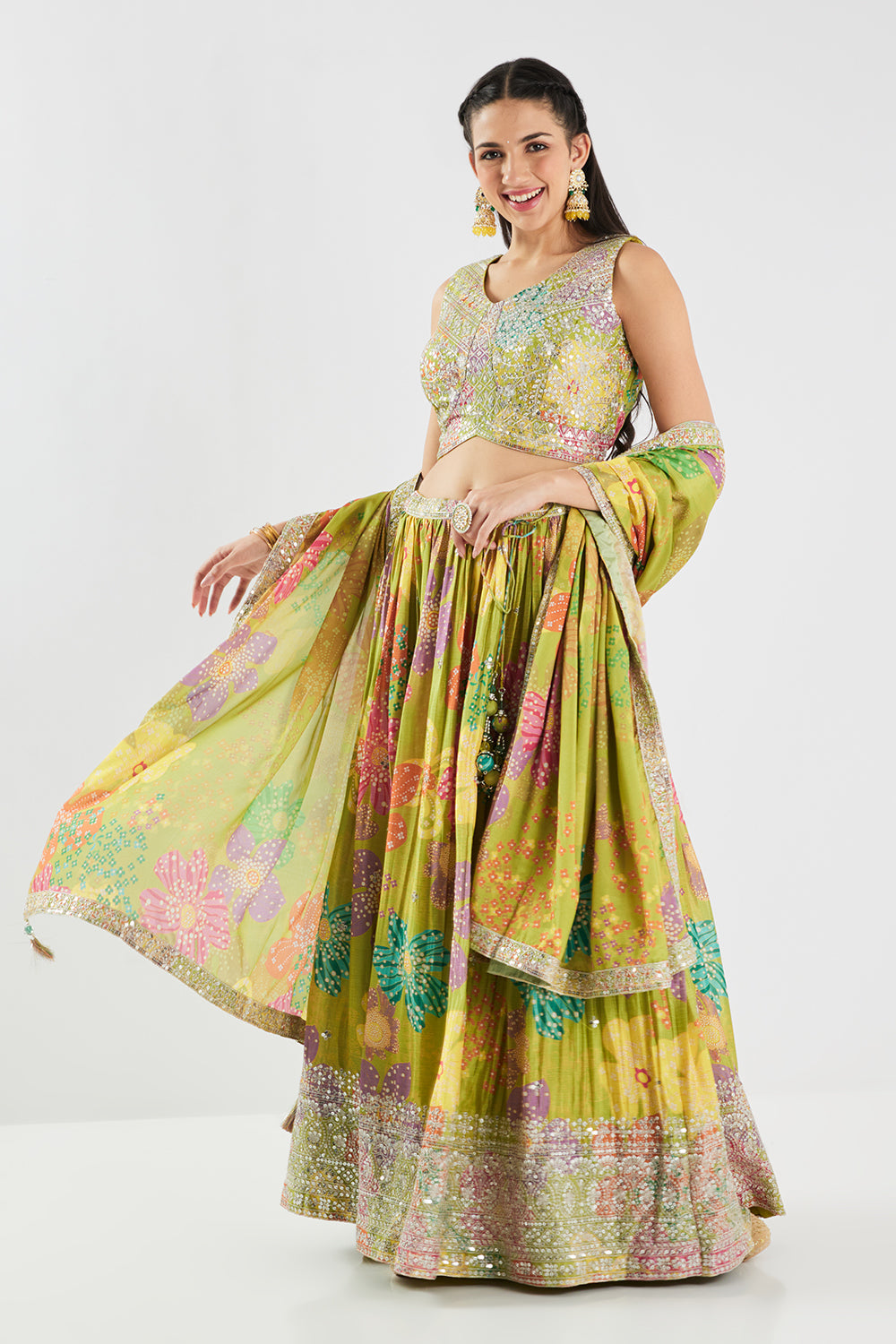 Neerus Green Chinon Embellished Lehenga Ghagra Set - side view