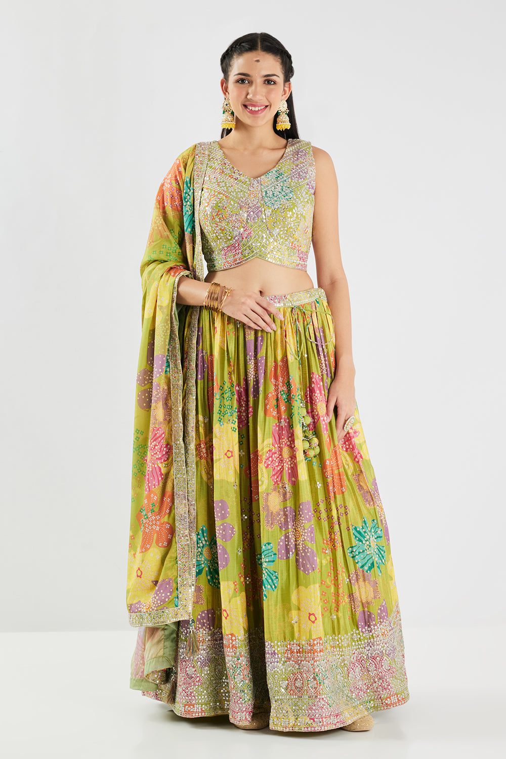 Neerus Green Chinon Embellished Lehenga Ghagra Set - back view