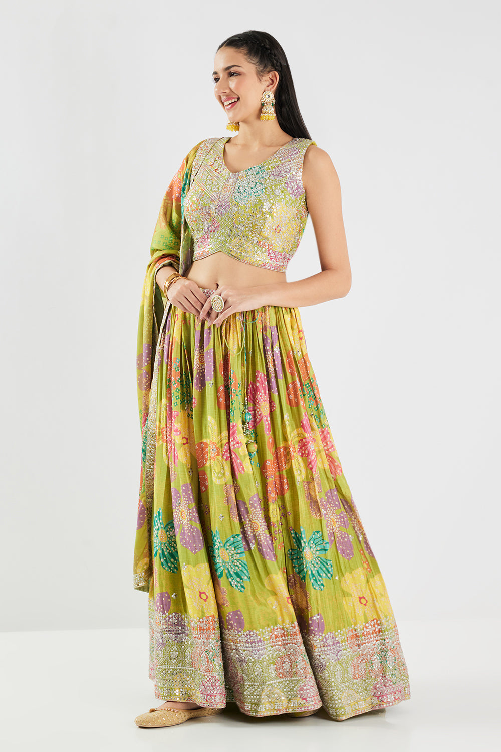 Neerus Green Chinon Embellished Lehenga Ghagra Set - detail view 2