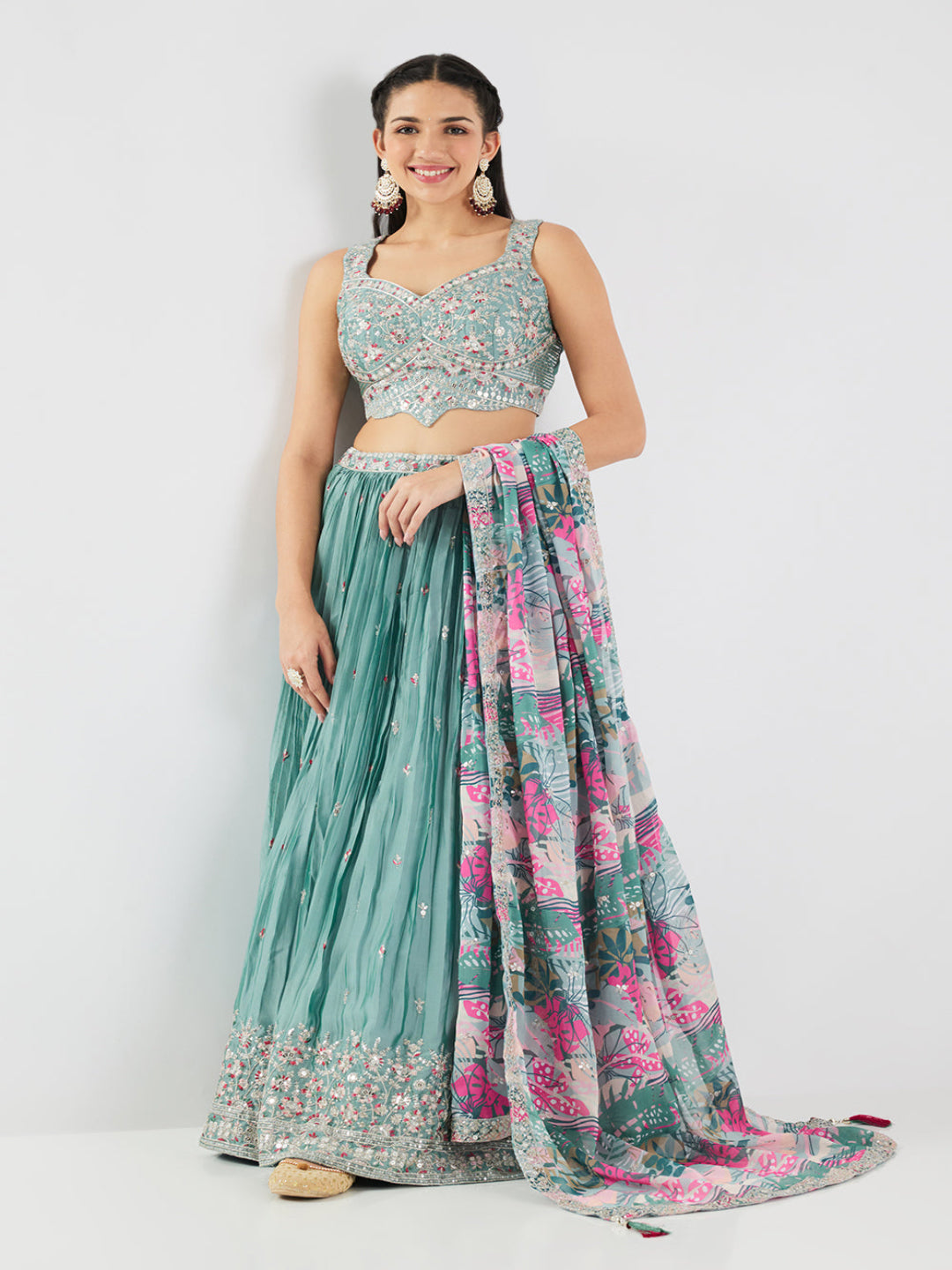 Neerus Blue georgette embroidered lehenga set - front view