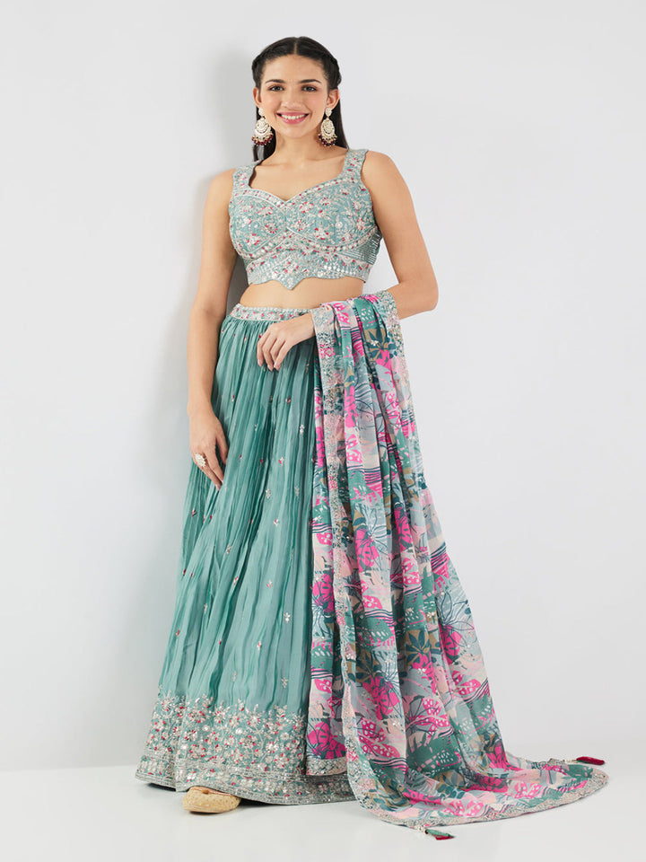 Neerus Blue georgette embroidered lehenga set - front view