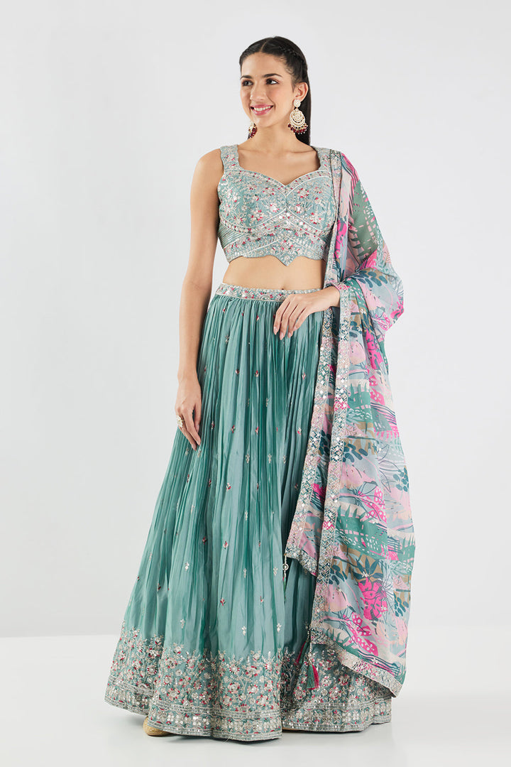 Neerus Blue georgette embroidered lehenga set - back view