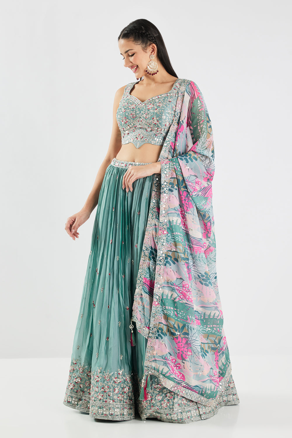 Neerus Blue georgette embroidered lehenga set - side view