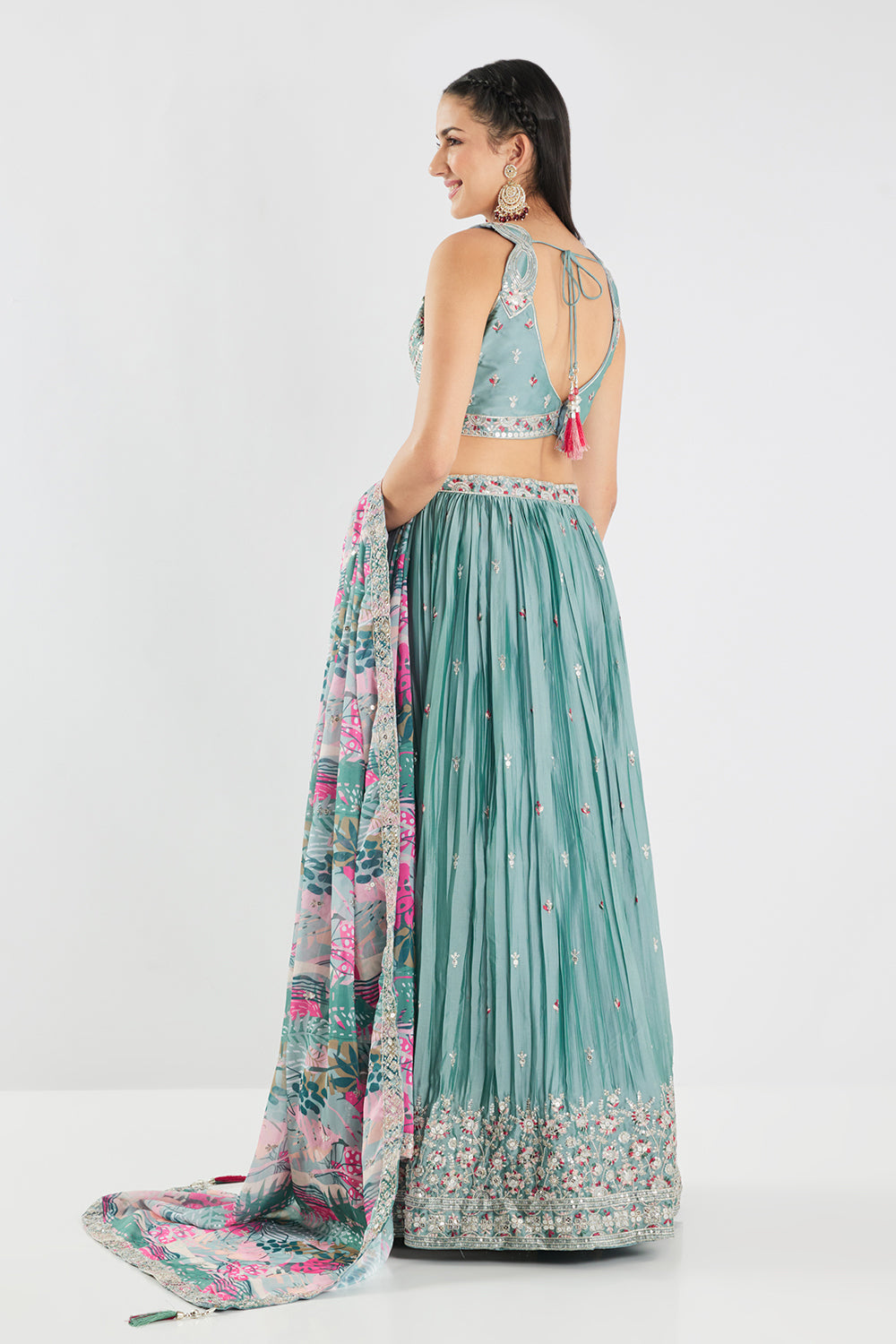 Neerus Blue georgette embroidered lehenga set - detail view 1