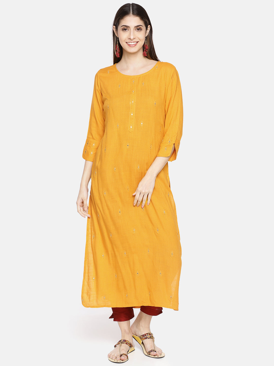 Neerus Yellow rayon embroidered straight kurta - front view