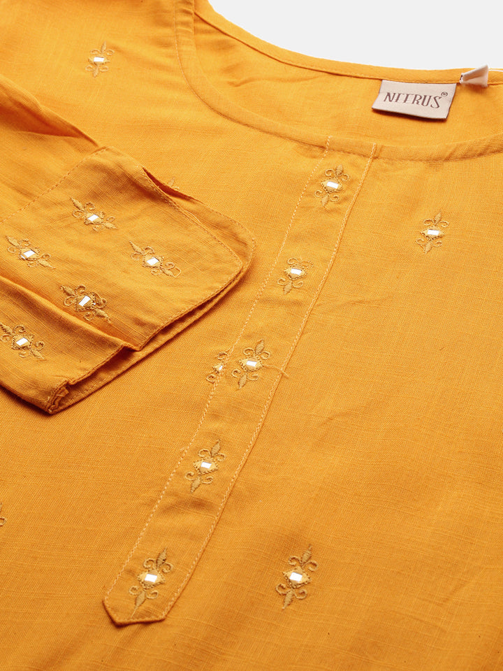Neerus Yellow rayon embroidered straight kurta - back view
