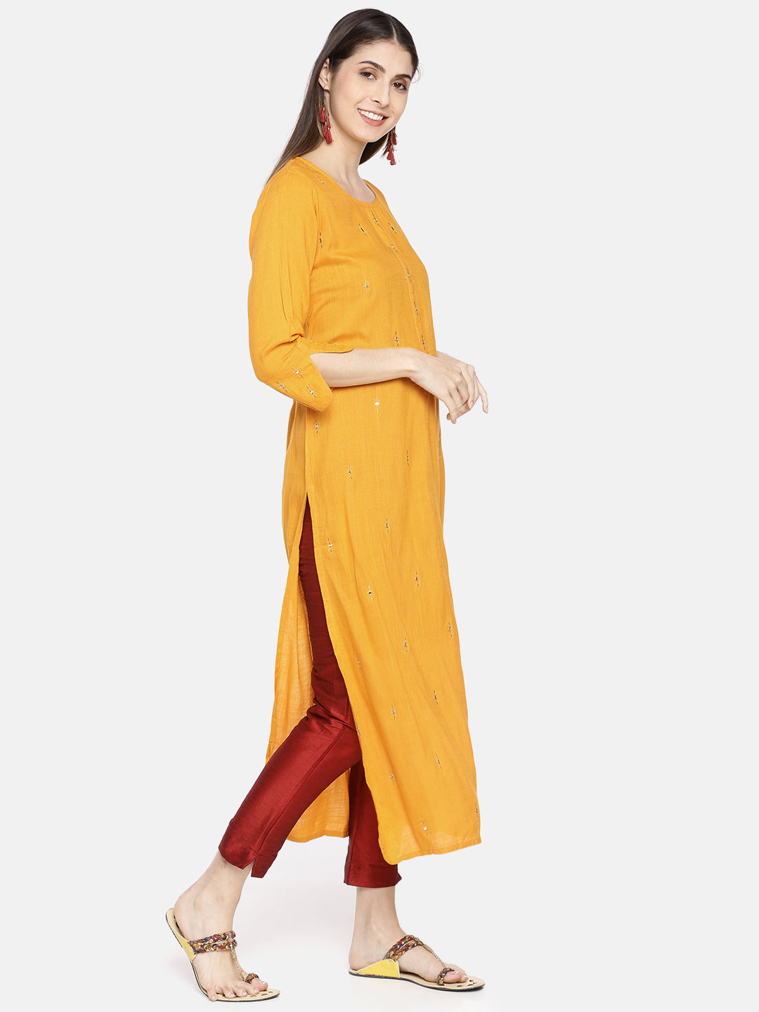 Neerus Yellow rayon embroidered straight kurta - side view