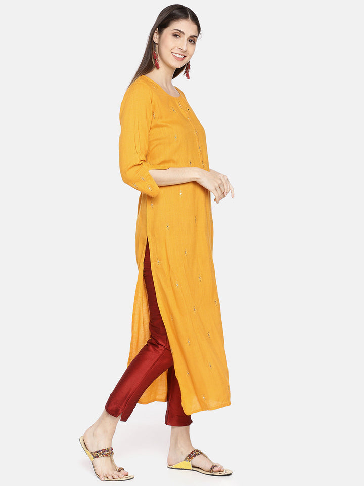 Neerus Yellow rayon embroidered straight kurta - side view