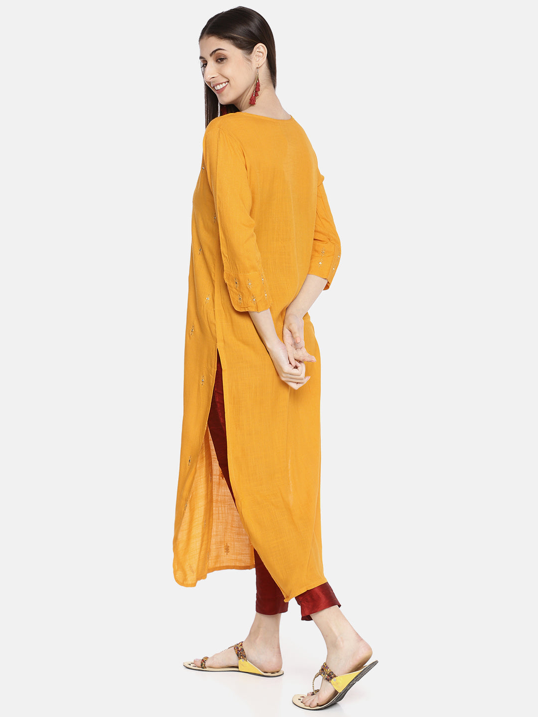Neerus Yellow rayon embroidered straight kurta - detail view 1