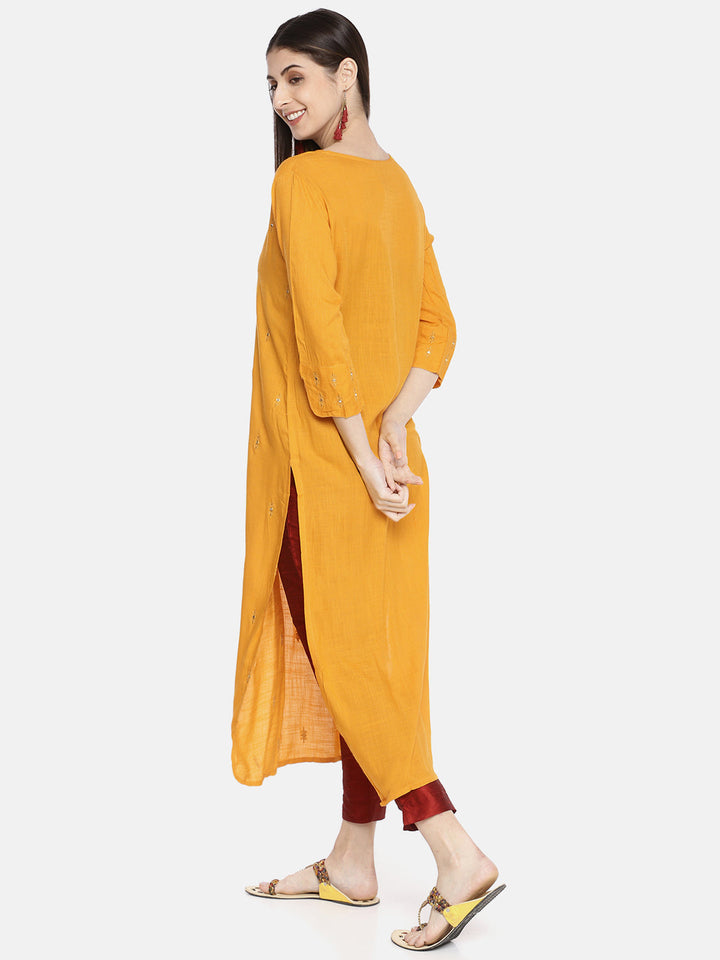 Neerus Yellow rayon embroidered straight kurta - detail view 1