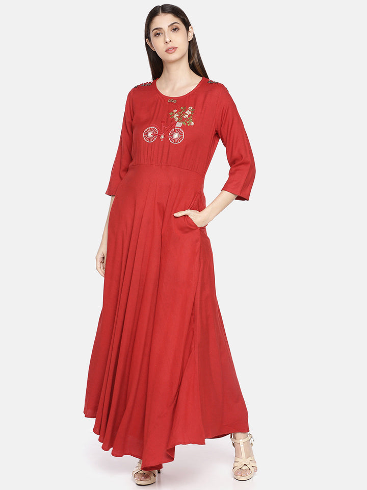Neerus Red rayon printed A-line kurta - front view