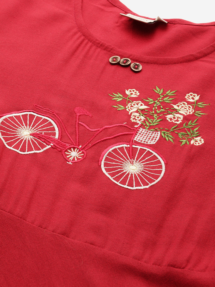 Neerus Red rayon printed A-line kurta - back view