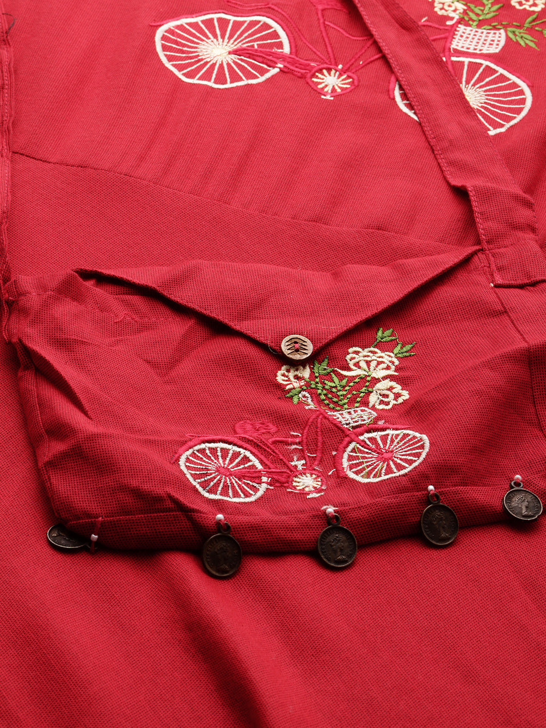 Neerus Red rayon printed A-line kurta - side view