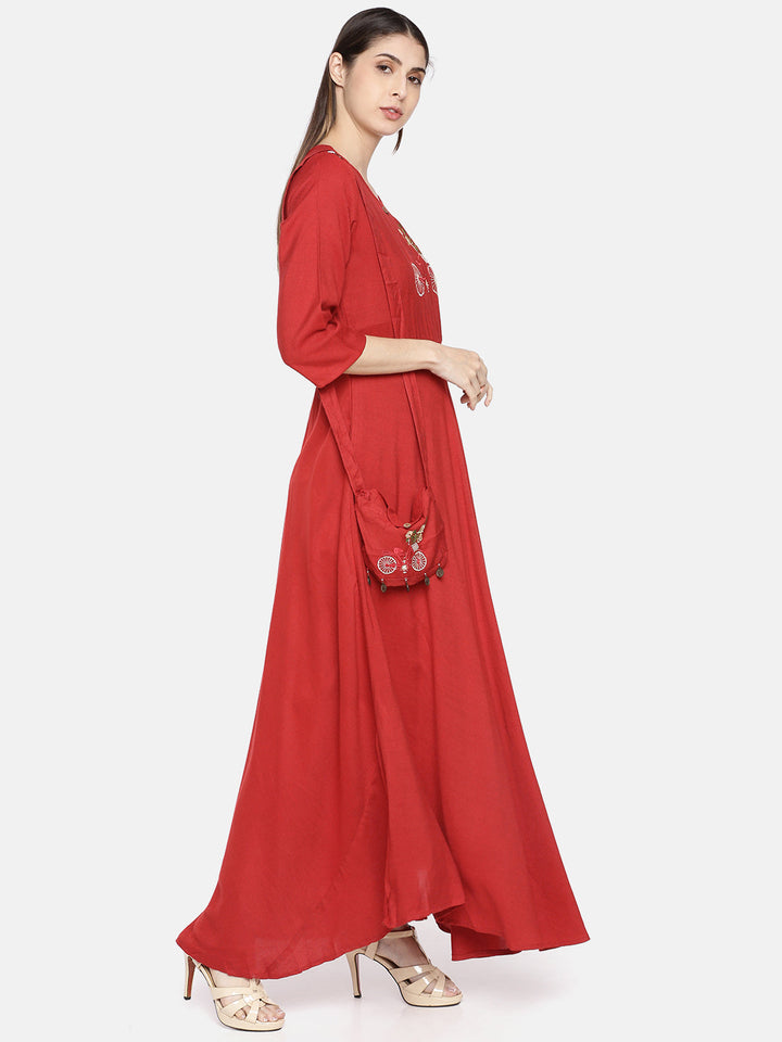 Neerus Red rayon printed A-line kurta - detail view 1