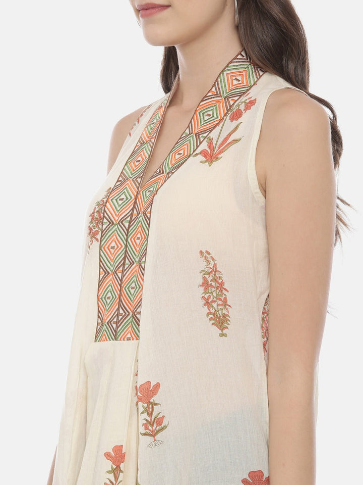 Neerus Beige cotton printed high-low kurta - back view