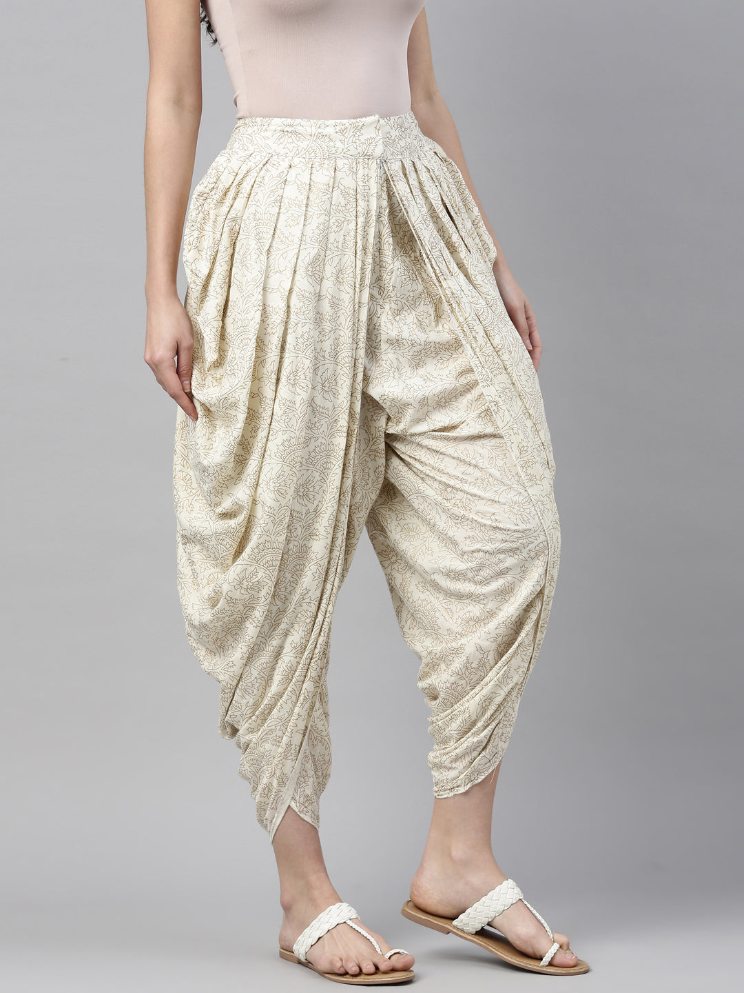 Neerus White cotton solid dhoti bottom - detail view 1