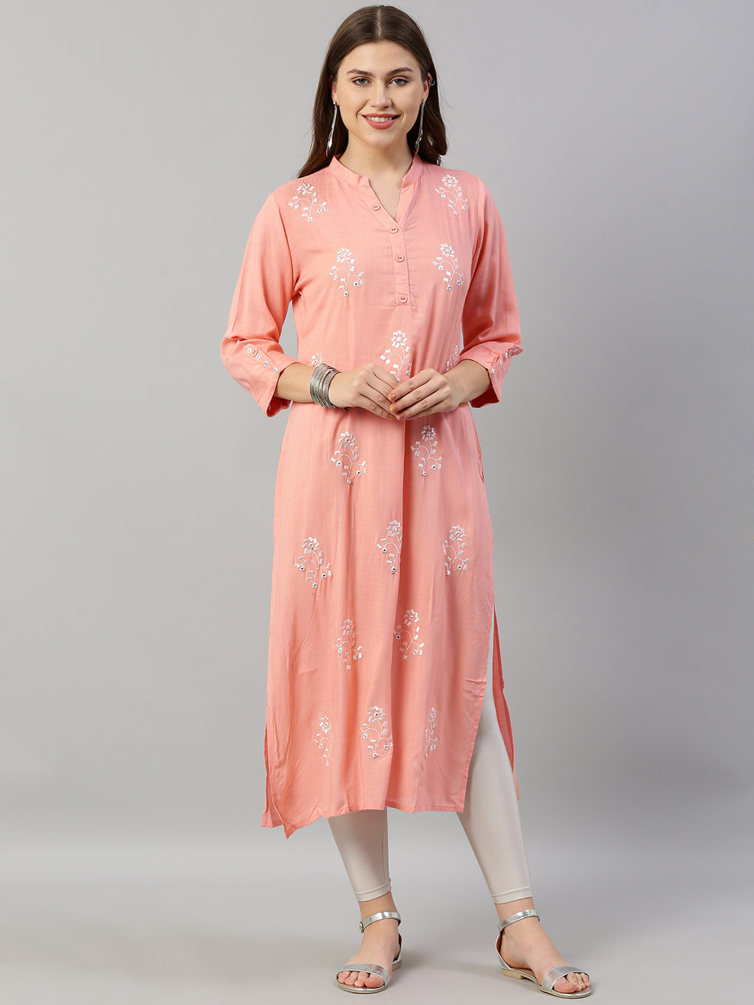 Neerus Pink rayon embroidered straight kurta - front view