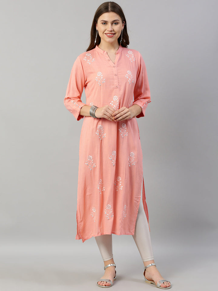 Neerus Pink rayon embroidered straight kurta - front view