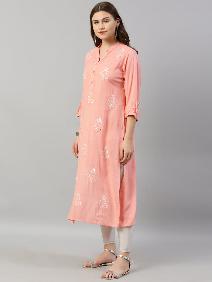 Neerus Pink rayon embroidered straight kurta - detail view 1