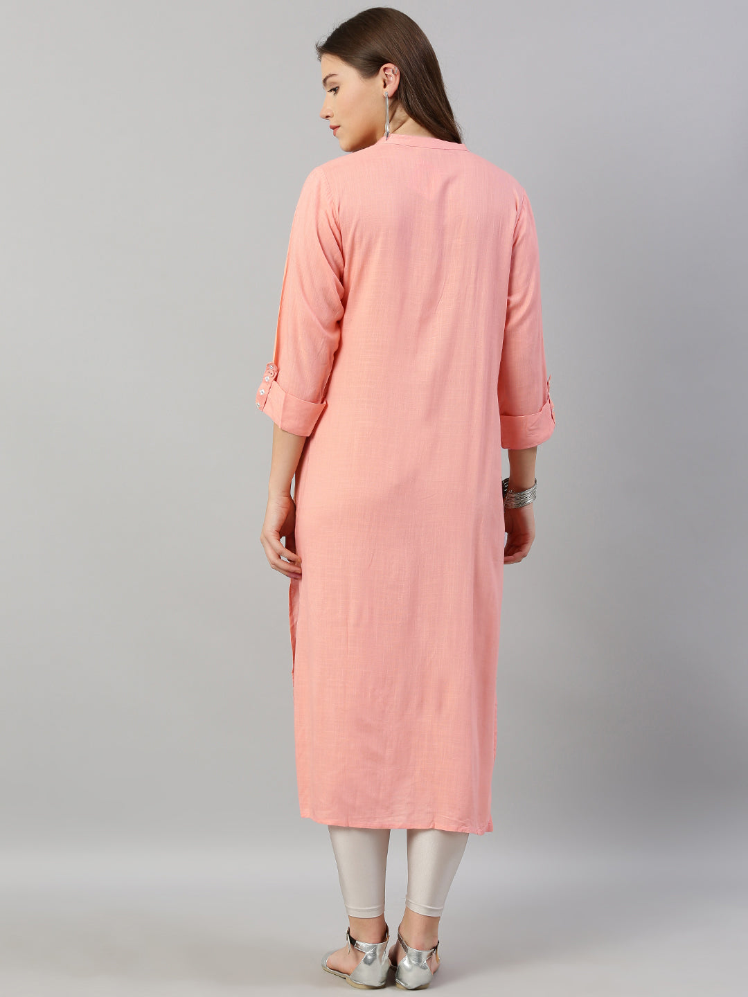 Neerus Pink rayon embroidered straight kurta - detail view 2