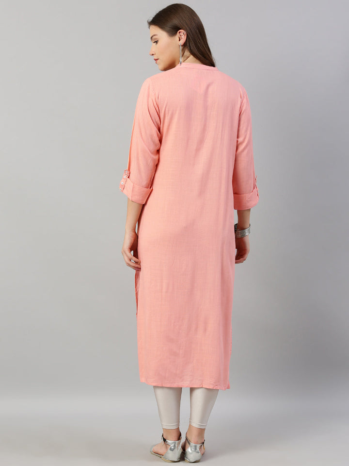 Neerus Pink rayon embroidered straight kurta - detail view 2