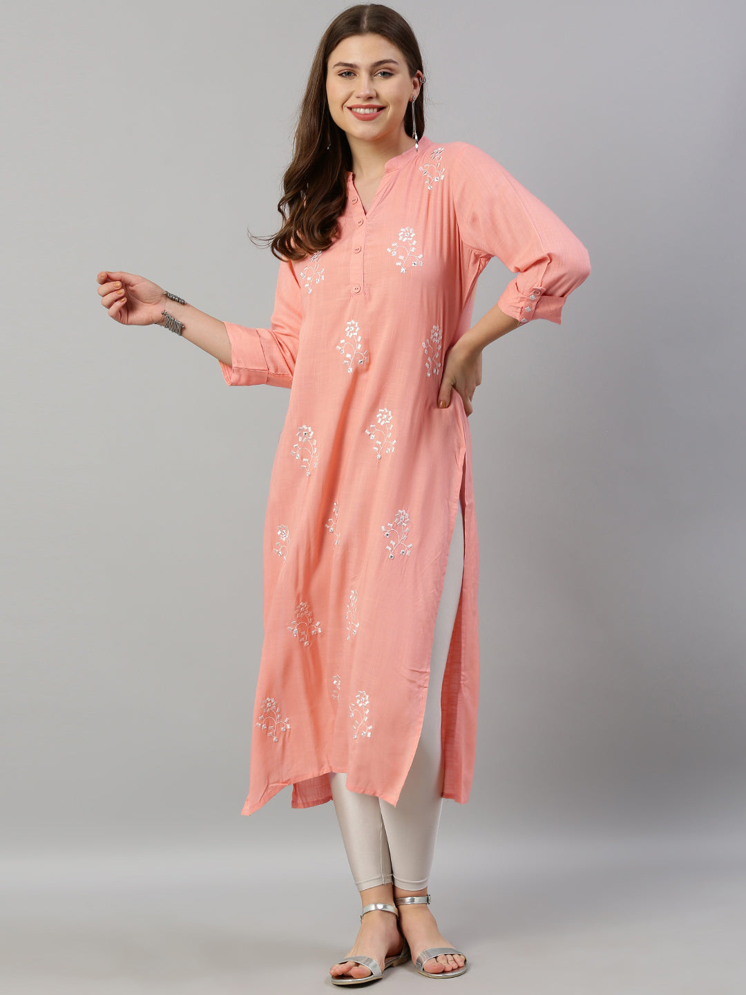 Neerus Pink rayon embroidered straight kurta - detail view 3